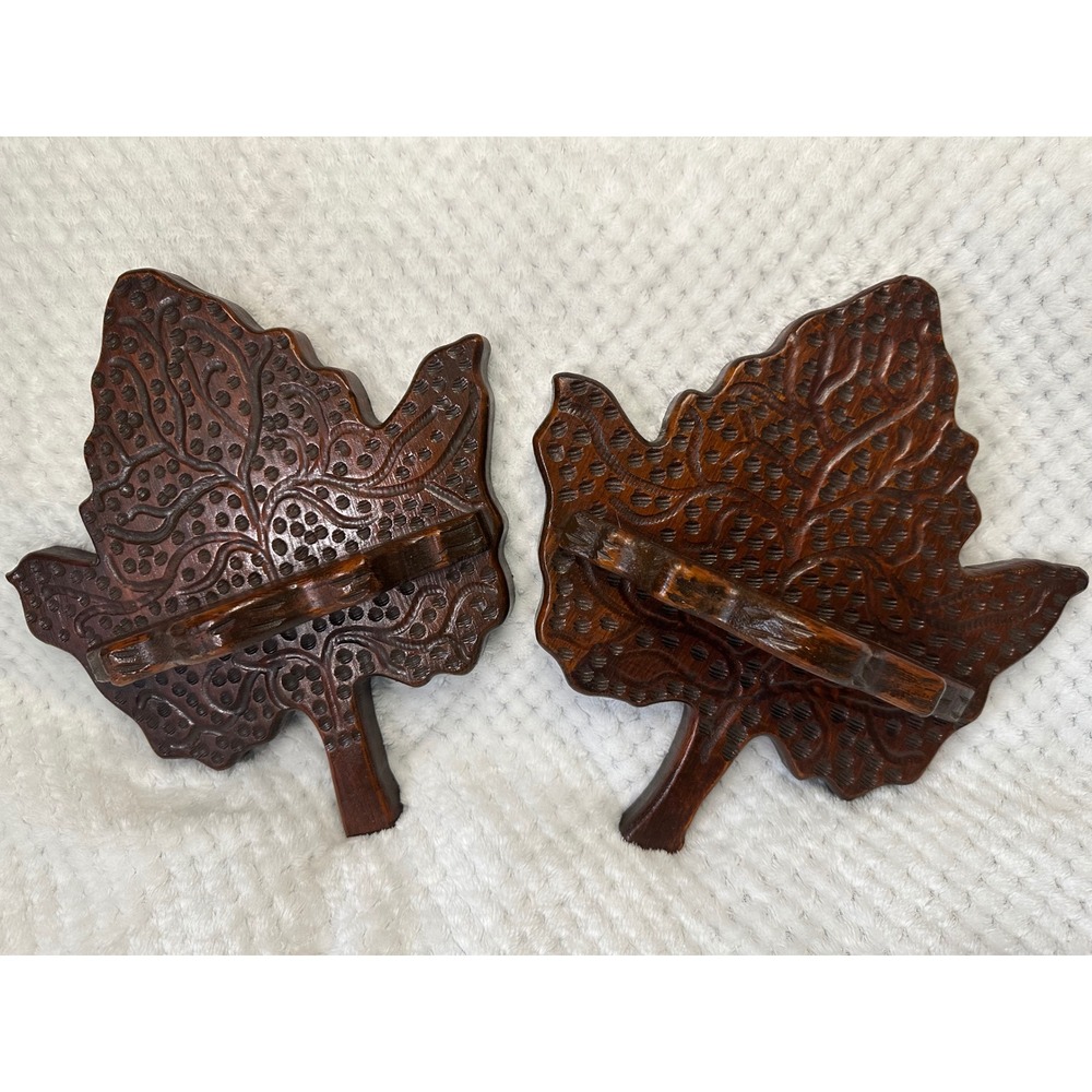 Vintage Hand Carved Wooden Leaf Wall Sconces Pair Rustic Cabin Decor Shelves